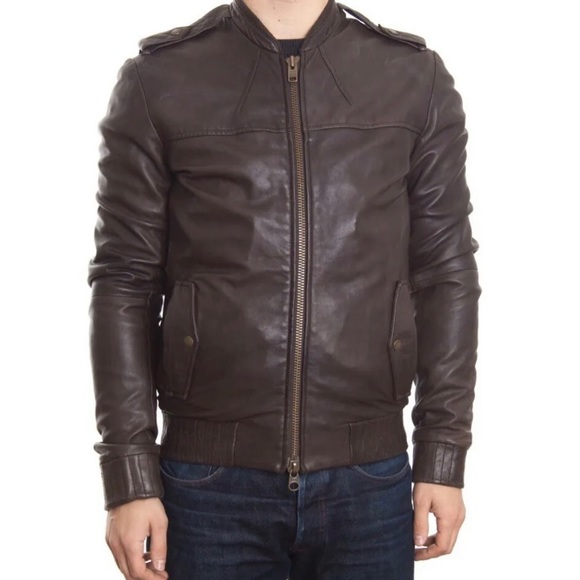 AllSaints Leather ‘Jack’ Bomber Jacket UK Size Large Brown Autumn Winter - Picture 2 of 11